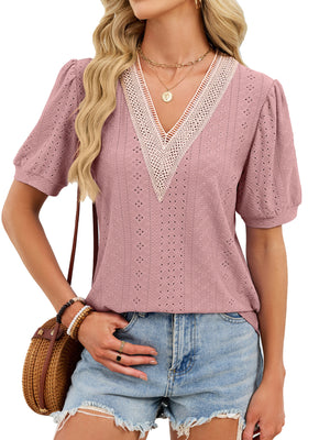 Lace trim V-neck t-shirt in Skin Powder with eyelet detail and puff sleeves.