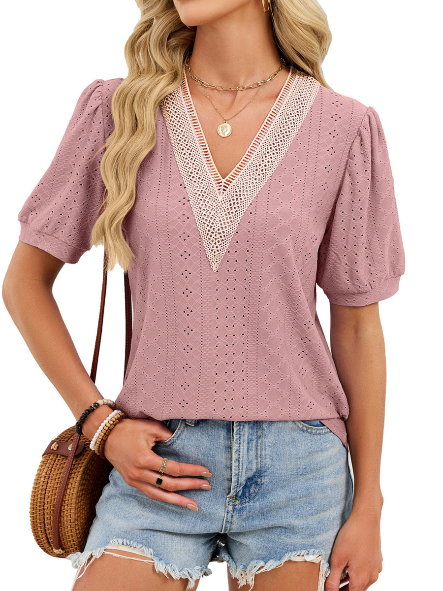 Lace trim V-neck t-shirt in Skin Powder with eyelet detail and puff sleeves.