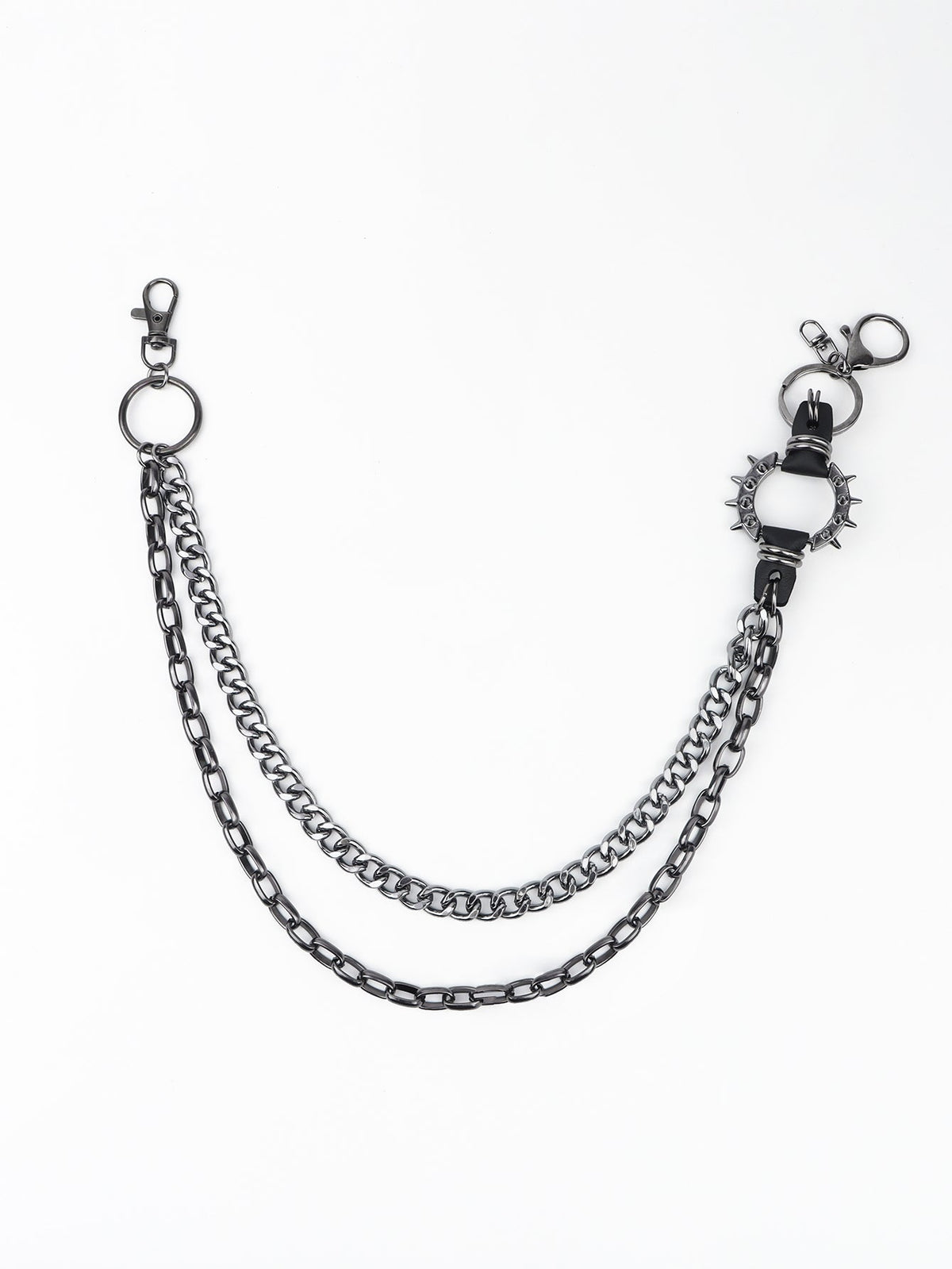 Black spiked chain harness belt with double layered chains and lobster clasps.
