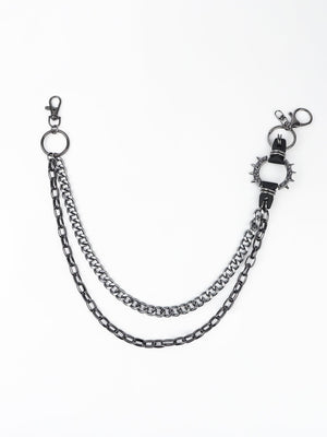 Black spiked chain harness belt with double layered chains and lobster clasps.