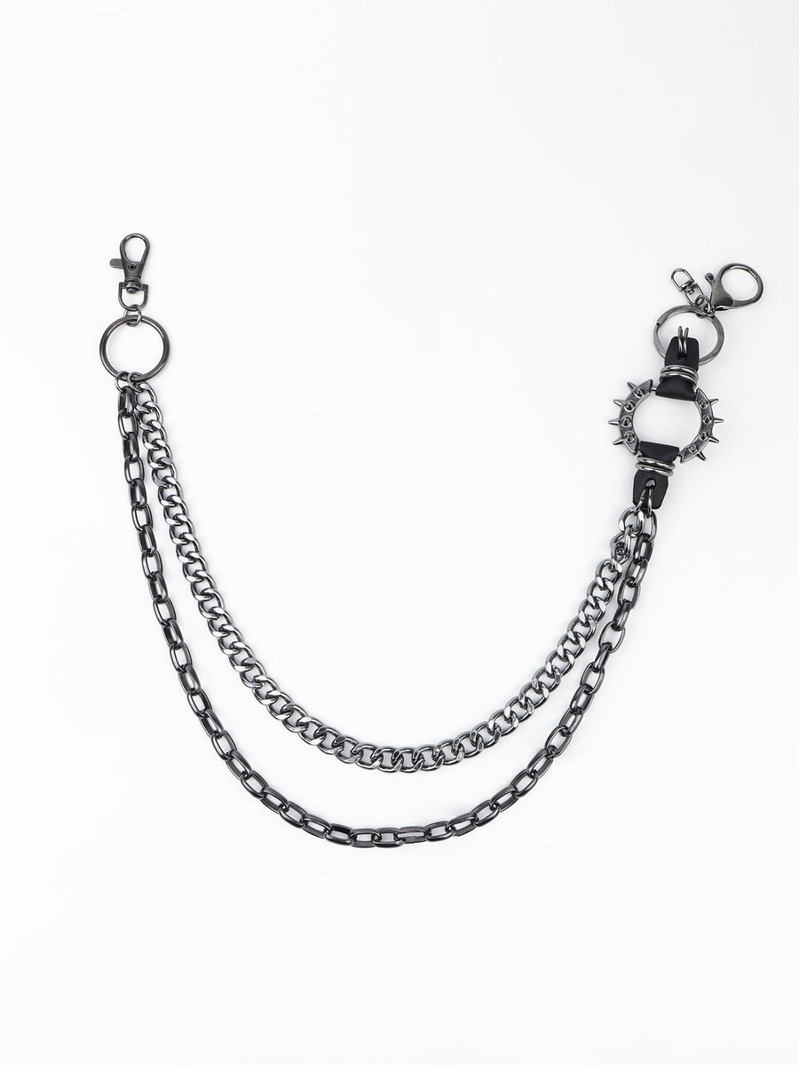 Black spiked chain harness belt with double layered chains and lobster clasps.
