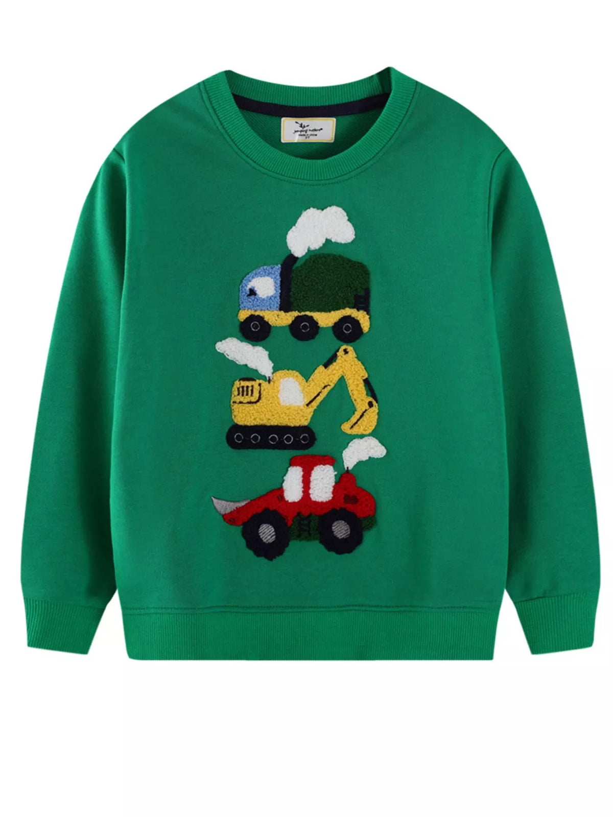 Kids' green cotton blend sweatshirt with cartoon truck, excavator, and car applique.