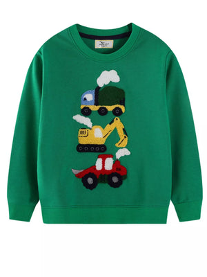 Kids' green cotton blend sweatshirt with cartoon truck, excavator, and car applique.