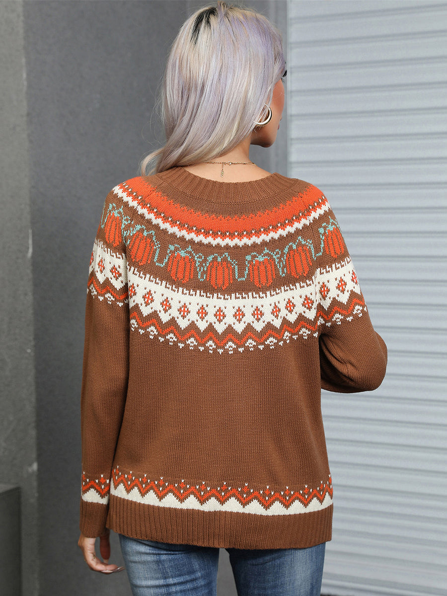 Brown acrylic crewneck sweater with pumpkin Fair Isle pattern
