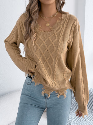 V-Neck Distressed Hem Cable Knit Sweater in Burgundy with distressed