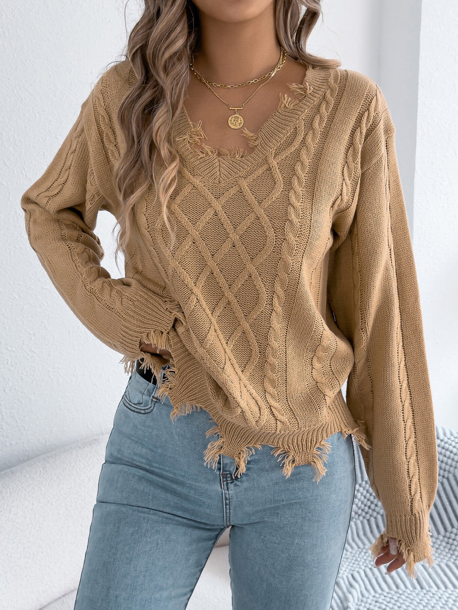 V-Neck Distressed Hem Cable Knit Sweater in Burgundy with distressed