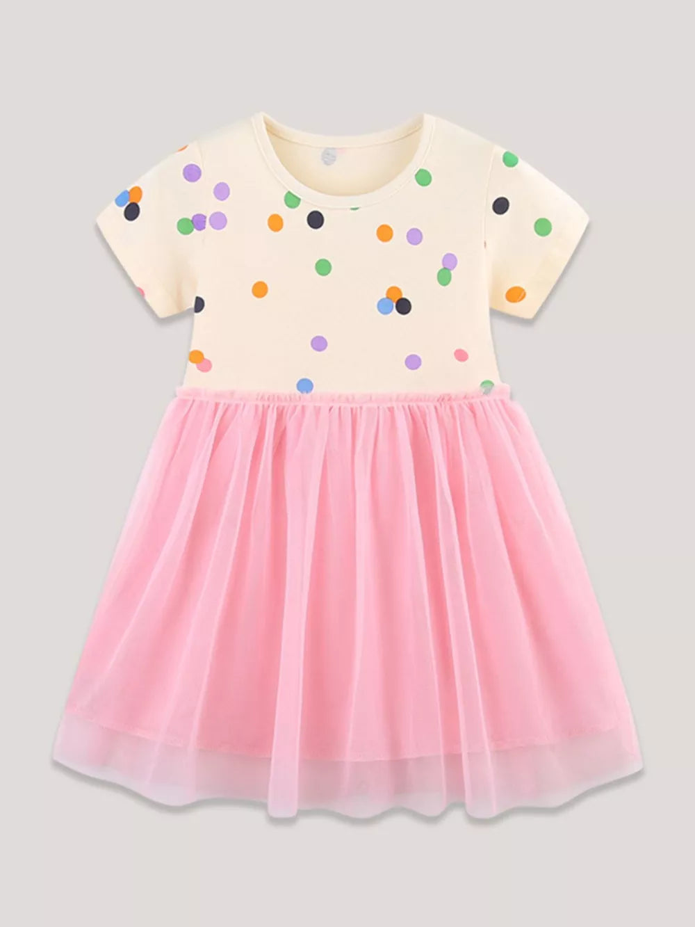Toddler dress with cream polka dot top and pink tulle skirt