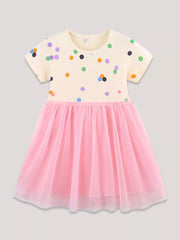 Toddler dress with cream polka dot top and pink tulle skirt