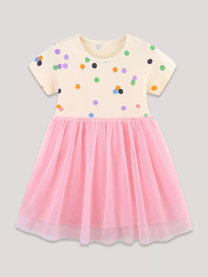 Toddler dress with cream polka dot top and pink tulle skirt