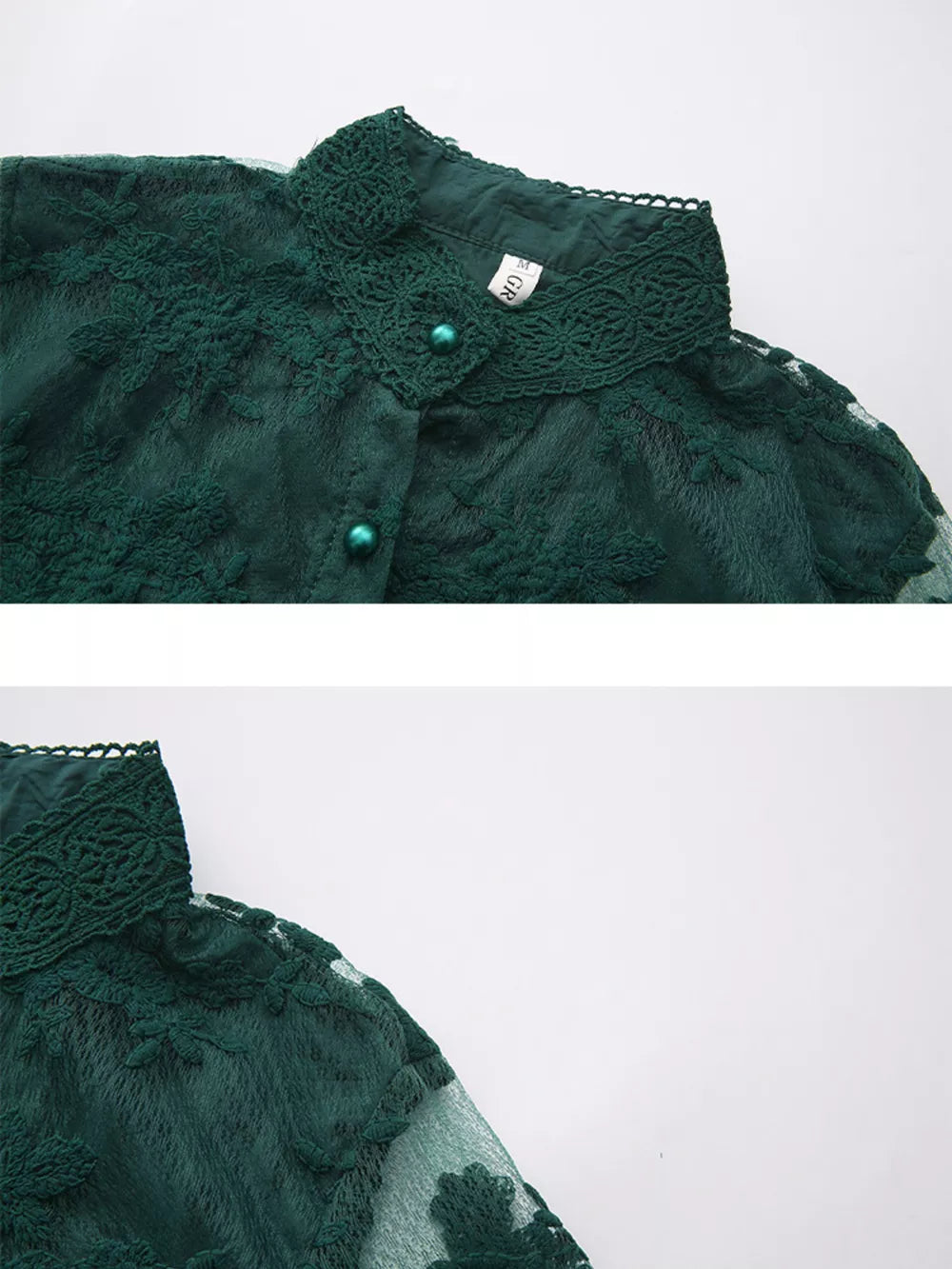 Green lace maxi dress with button front, high neck, and lantern sleeves.