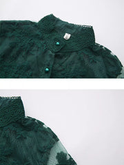 Green lace maxi dress with button front, high neck, and lantern sleeves.