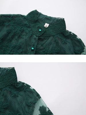 Green lace maxi dress with button front, high neck, and lantern sleeves.