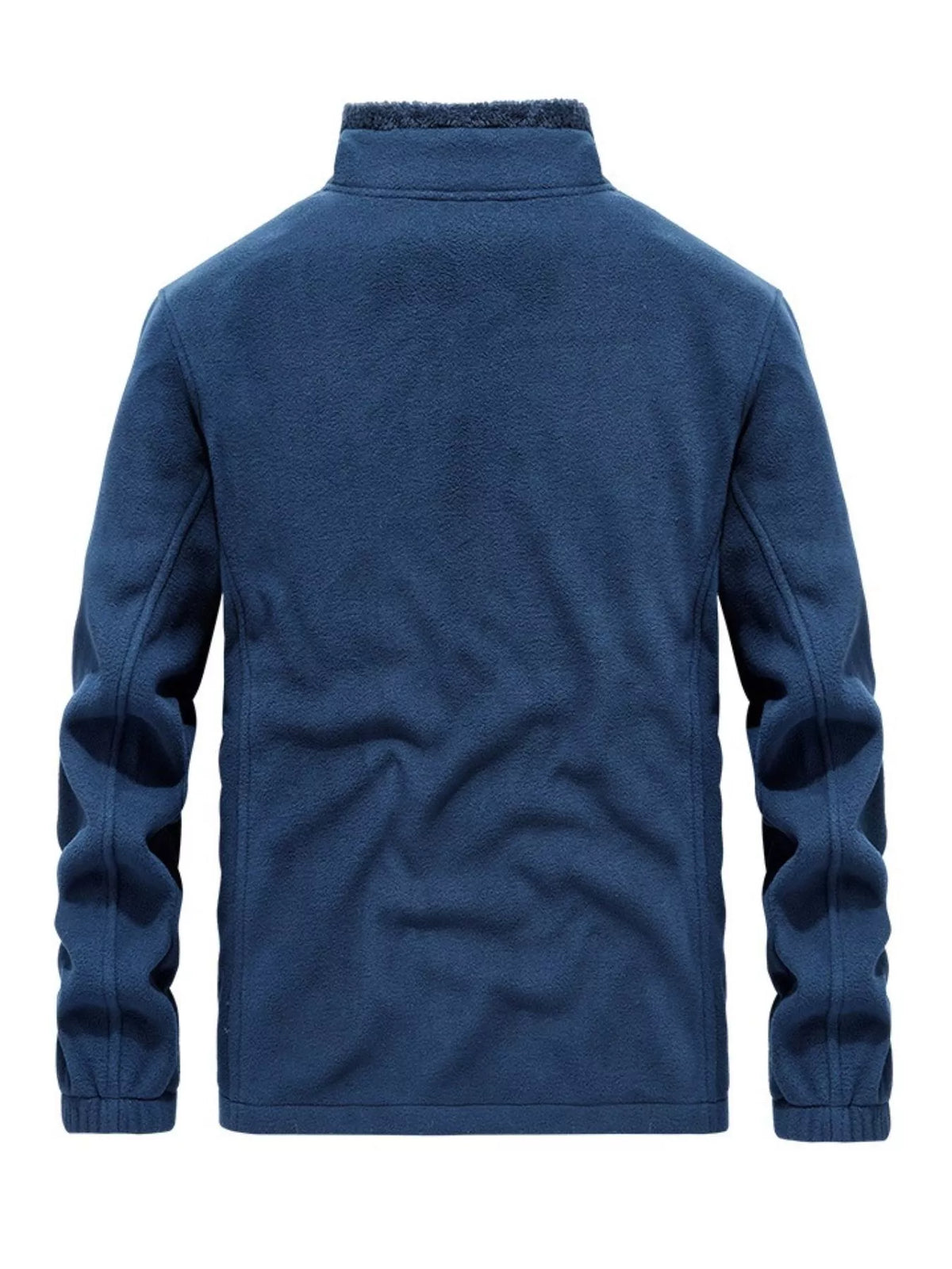 Fleece lined full zip outerwear jacket in dark blue with a stand collar and ribbed cuffs.