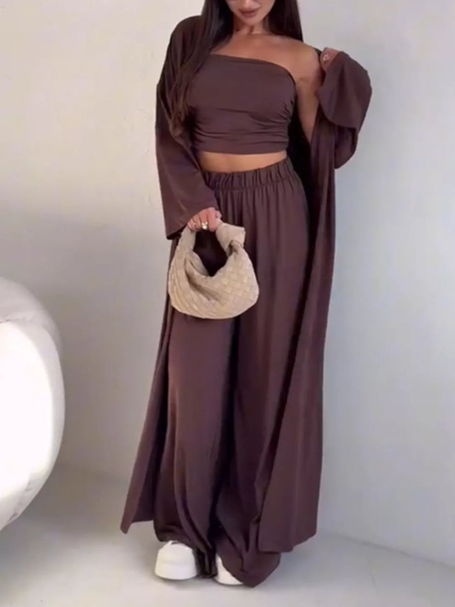 Dark Brown Strapless Ruched Crop Top & Wide-leg Pants Set