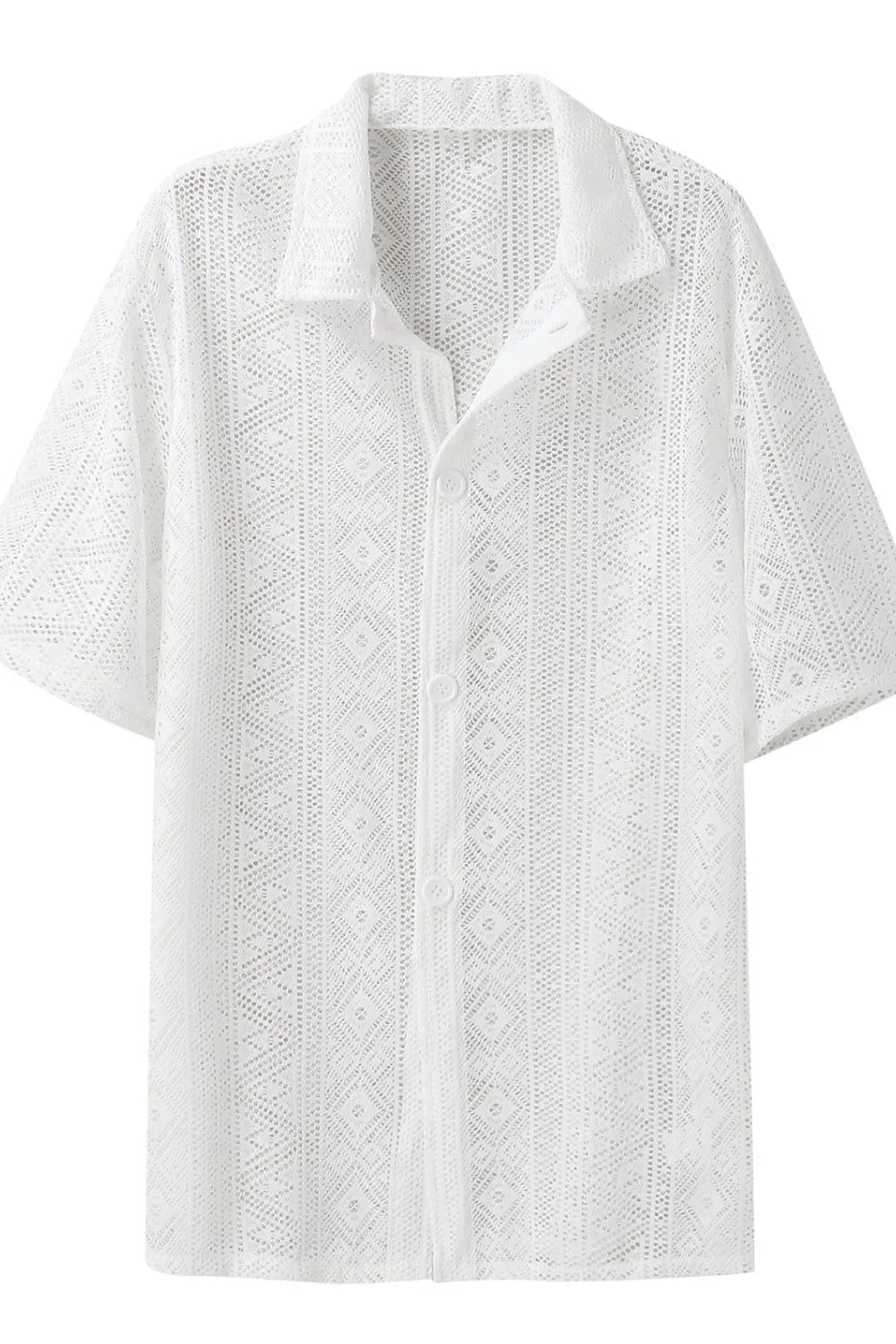 White crochet resort shirt with geometric pattern, short sleeves, and button-up front.