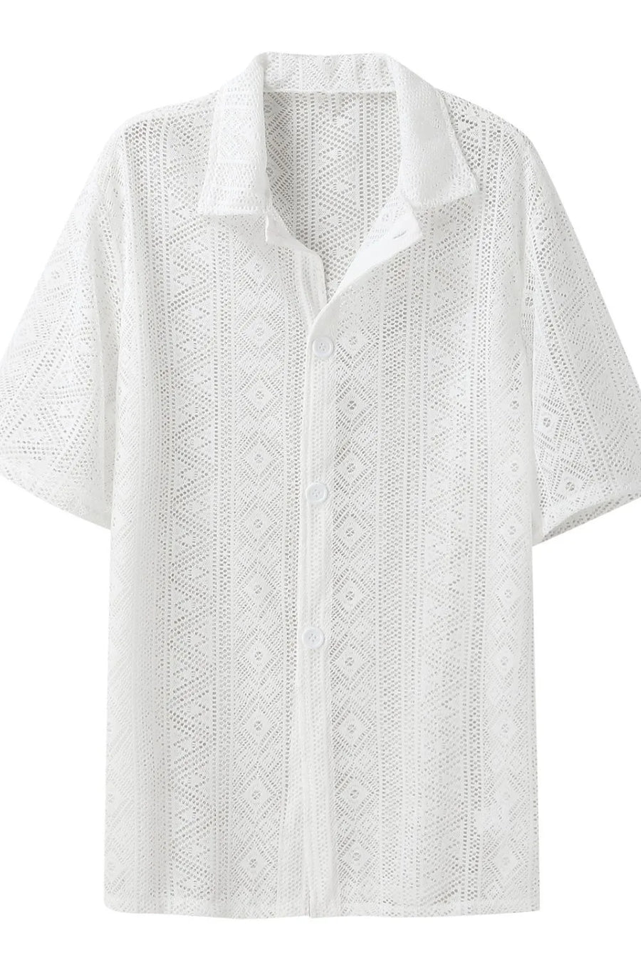 White crochet resort shirt with geometric pattern, short sleeves, and button-up front.