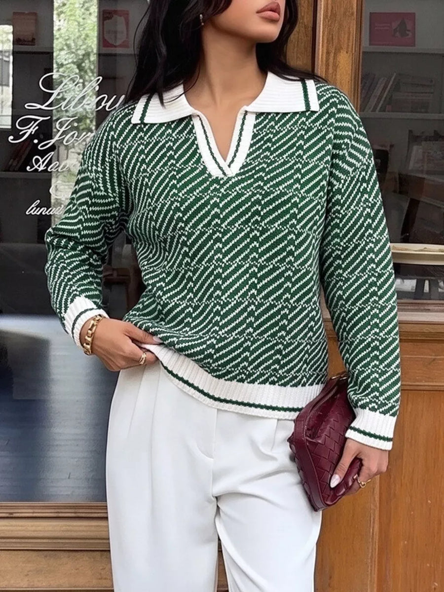 Green with Geometric Patterned Collared Sweater