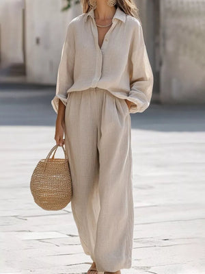 Blue Full Size Loose Fit Shirt And Wide Leg Pants Set