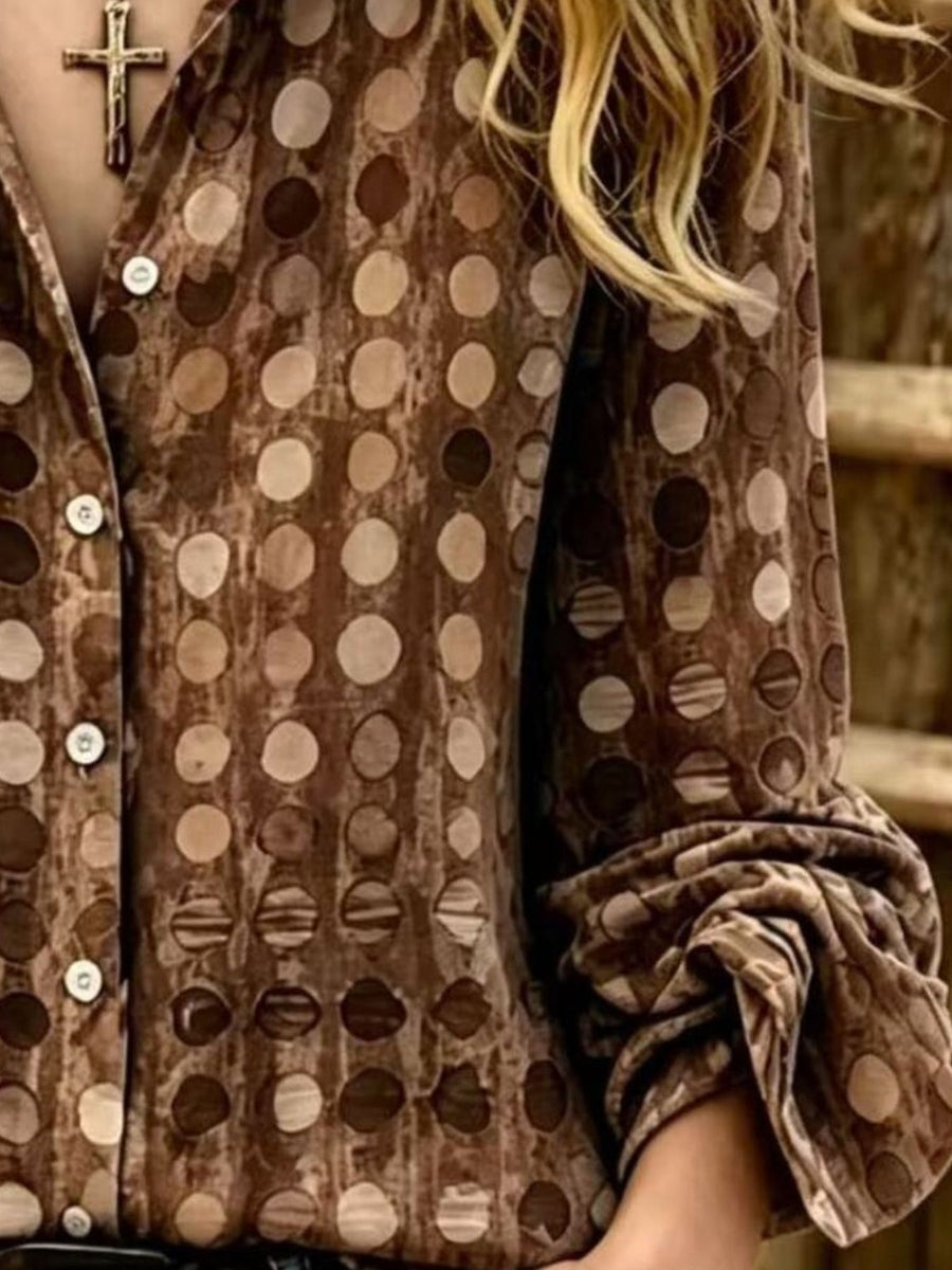Brown button-up shirt with hip-length and button-front