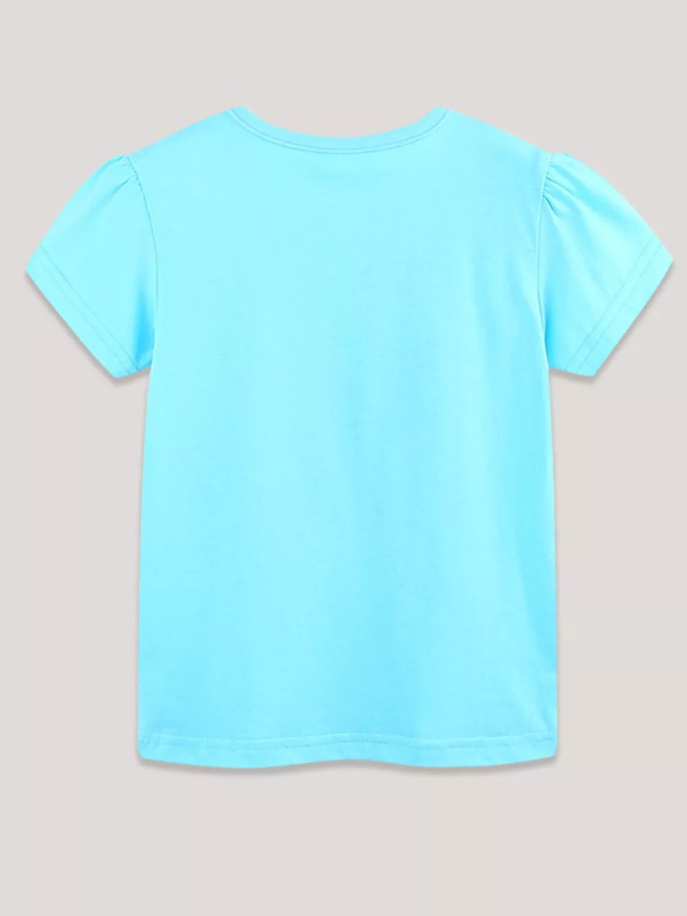 Toddler blue cotton t-shirt with puff sleeves and round neckline.