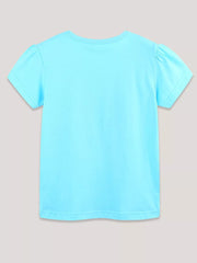 Toddler blue cotton t-shirt with puff sleeves and round neckline.