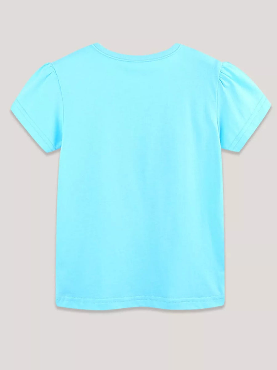 Toddler blue cotton t-shirt with puff sleeves and round neckline.