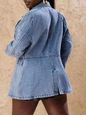 Blue denim jacket with hip-length and button-front