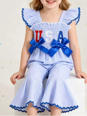 Blue Children's Usa Themed Ruffled Sleeve Smocked Jumpsuit