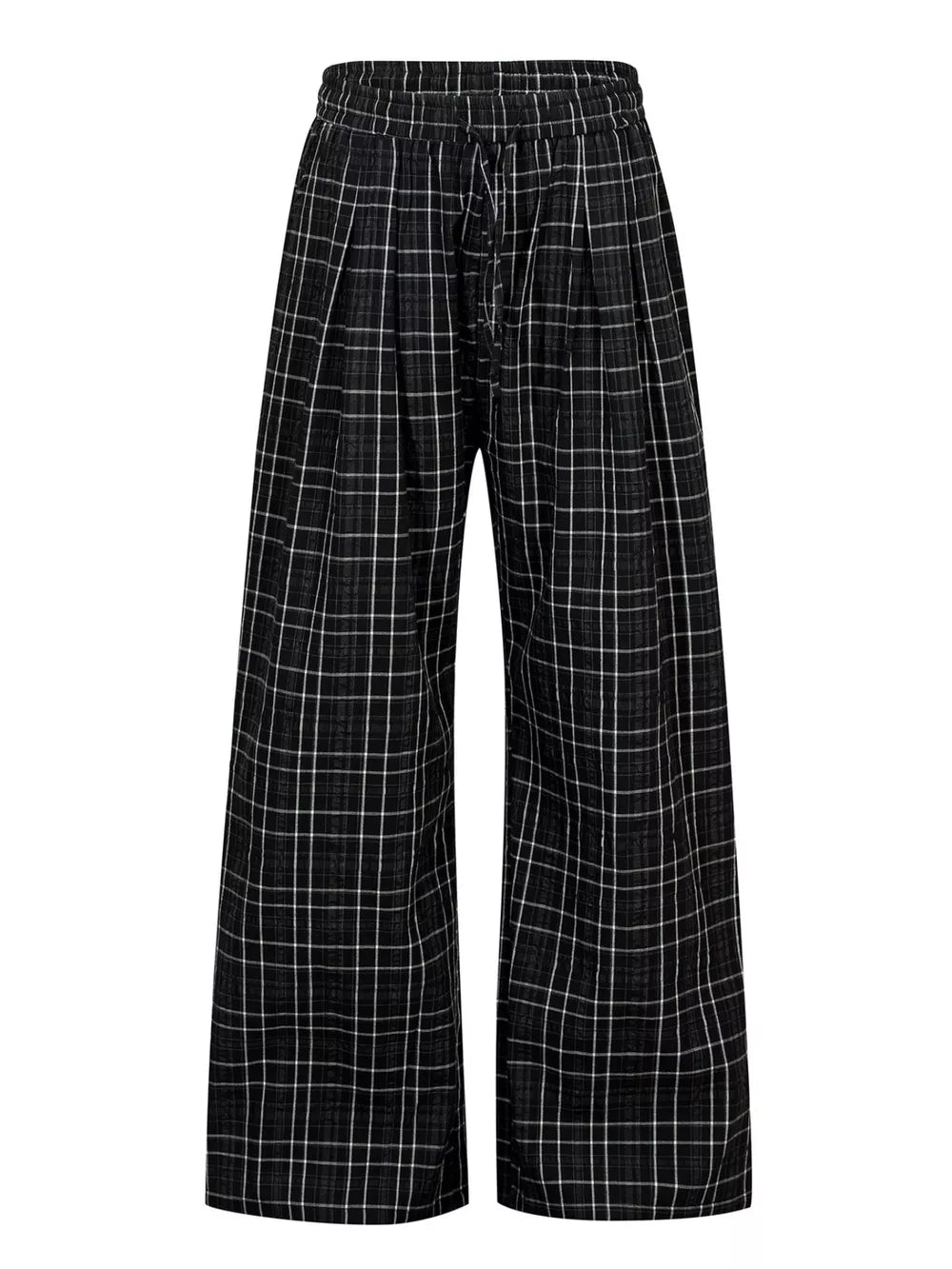 Plaid wide-leg men's sweatpants with drawstring in black and white.