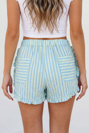 Ruffled striped cotton shorts with pockets and elastic waist.