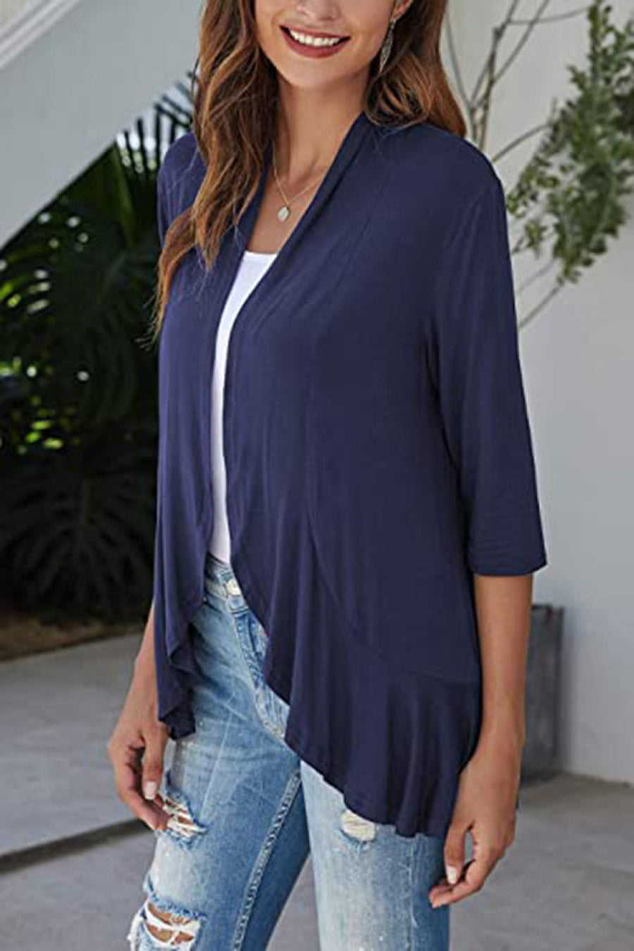 Dark Blue asymmetric hemline waterfall cardigan with 3/4 sleeves.