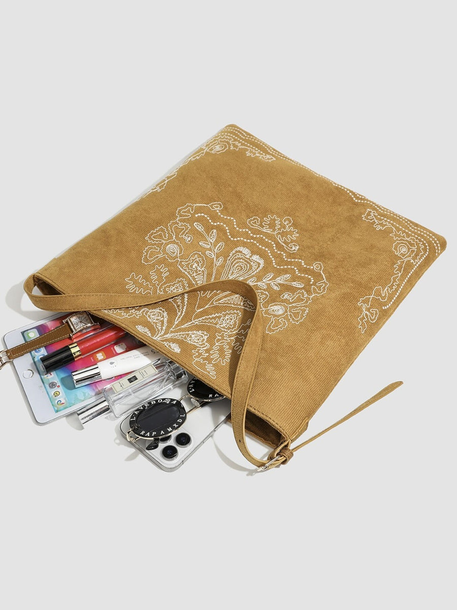 Embroidered Suede Large Tote Handbag in Brown with embroidered