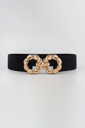 Black stretch belt with gold braided knot buckle detail