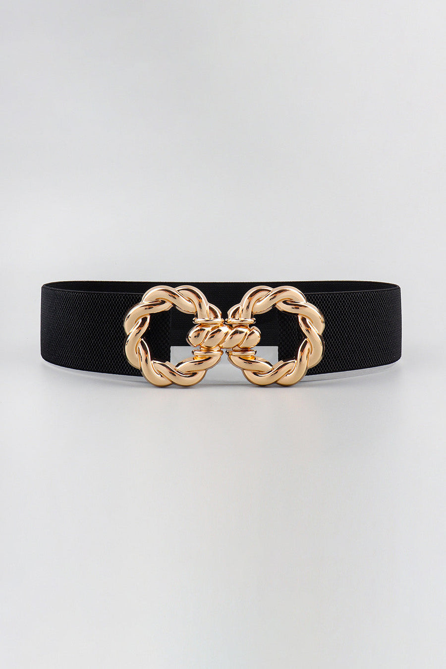 Black stretch belt with gold braided knot buckle detail