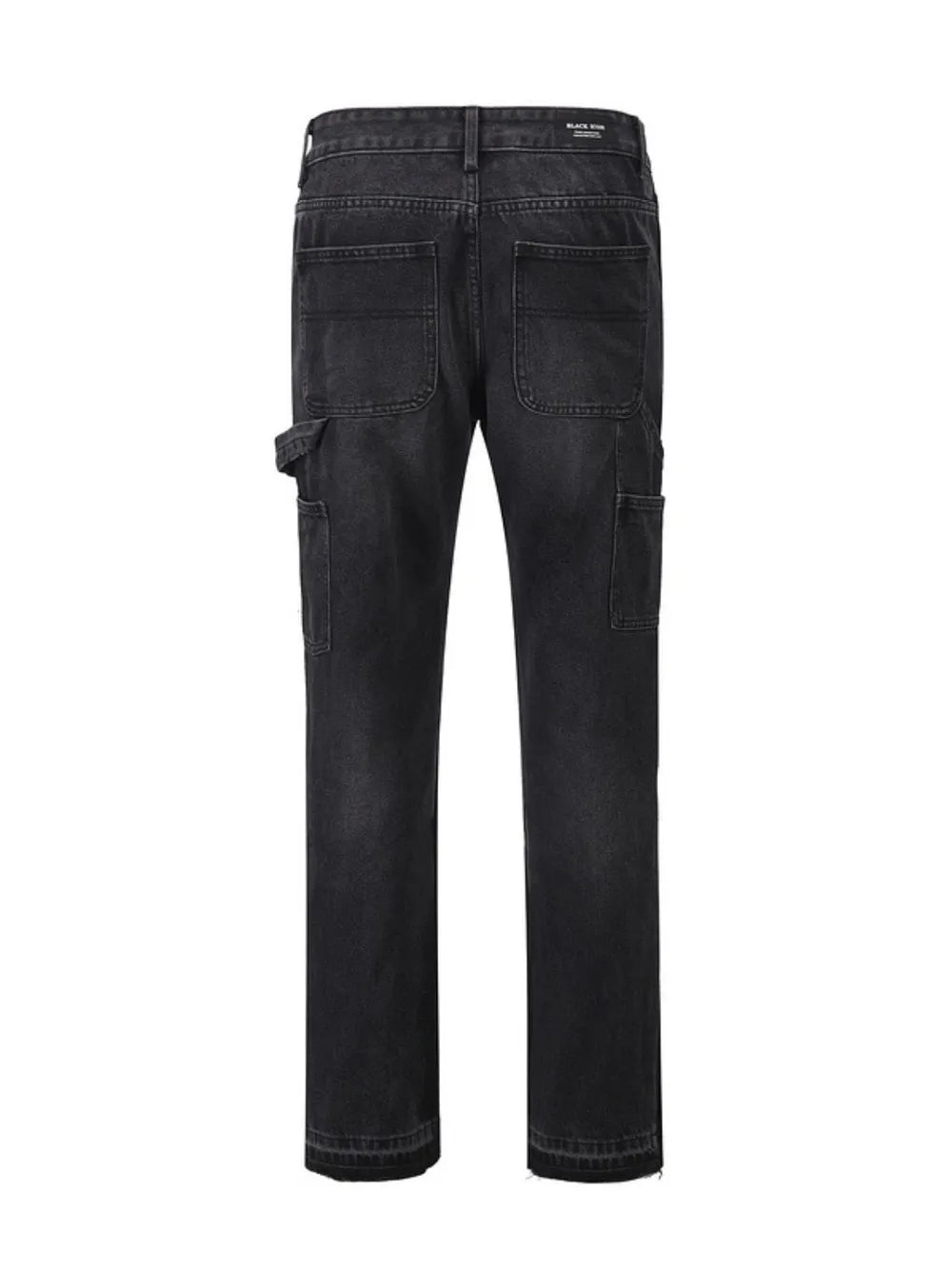 Black wash denim carpenter jeans with straight leg fit and utility pockets.