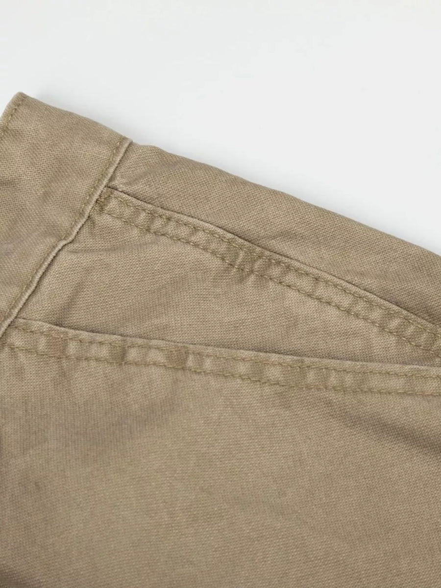 Khaki wide-leg cargo pants with visible stitching detail on the waistband and pocket.