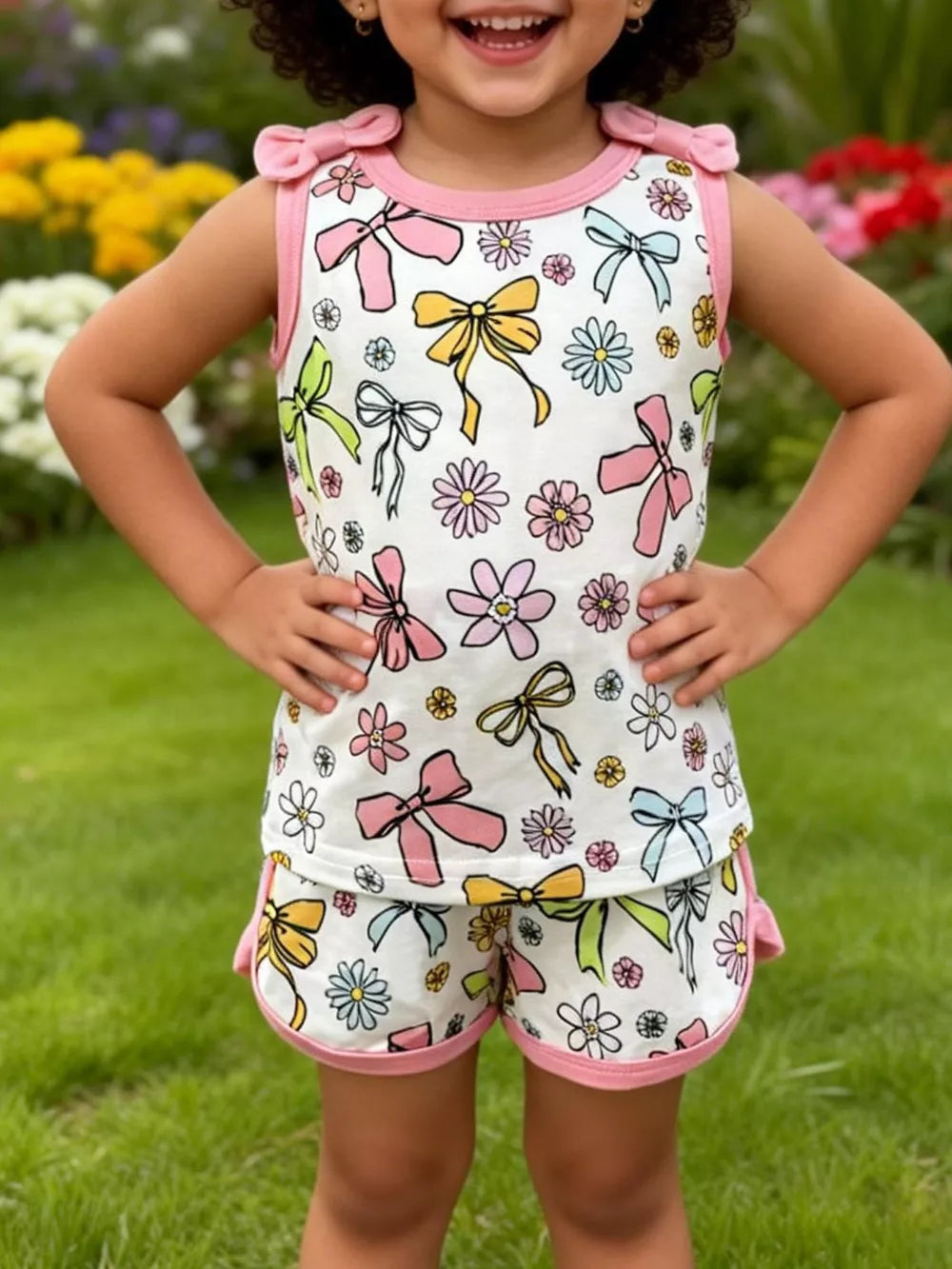 Toddler girls' white floral and bowknot print tank top and shorts set with pink trim and bow accents.