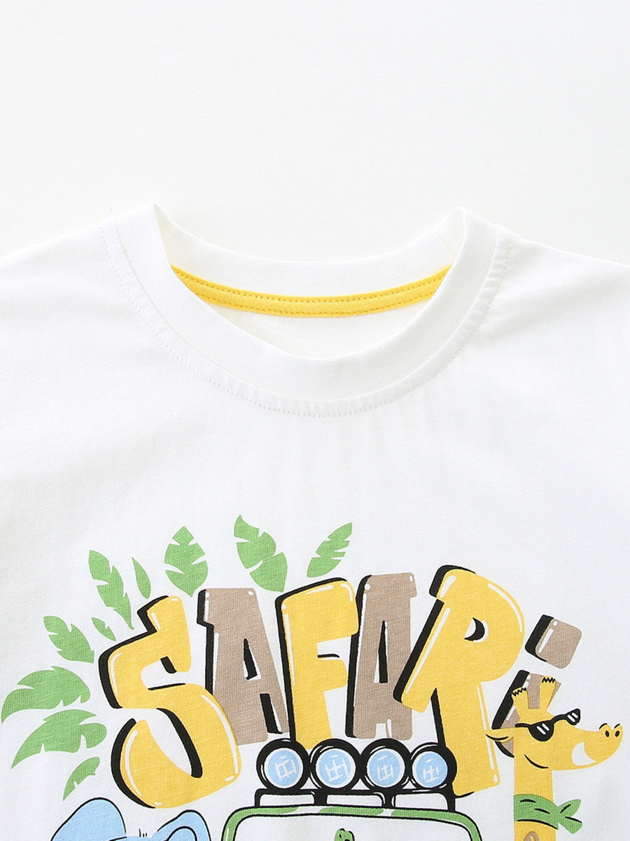 White cotton t-shirt with a playful safari graphic featuring a giraffe and the word SAFARI in graffiti style.