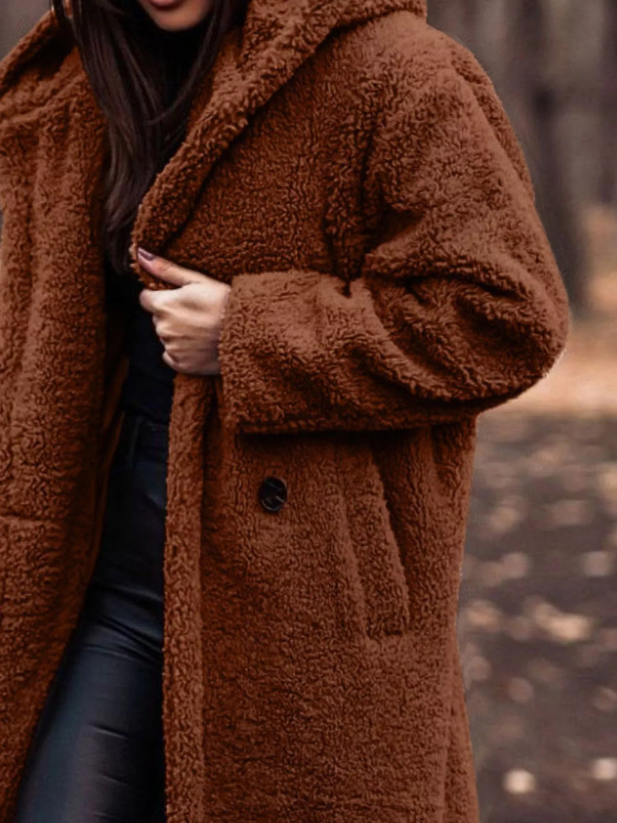 Brown teddy bear longline coat with hood and button detail