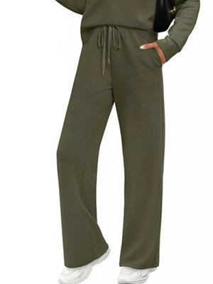 Casual Long Sleeve Crewneck Top & Drawstring Pants Set in Navy Blue