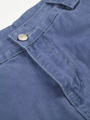 Blue faded cargo capris with button closure and stylish stitching details.