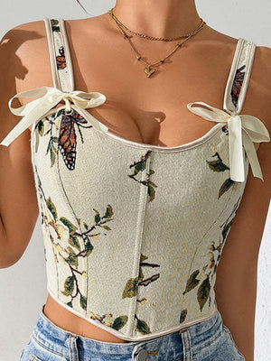 Brown crop top with tie and floral