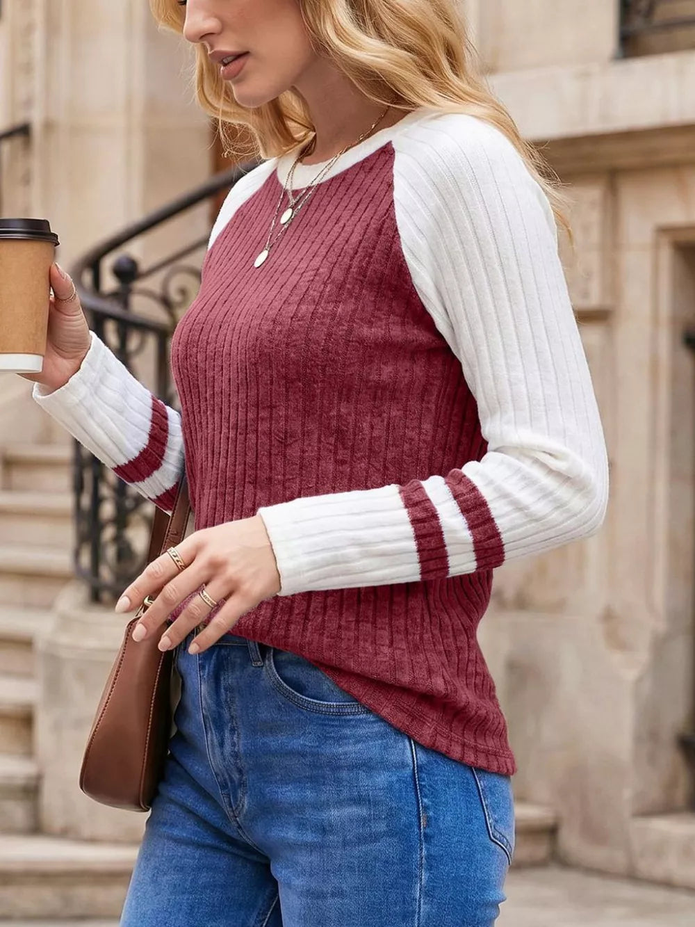 Burgundy with Ribbed Raglan Sleeve T-shirt in Burgundy