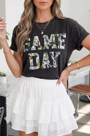 Camo print GAME DAY t-shirt in charcoal grey cotton blend with rolled sleeves.