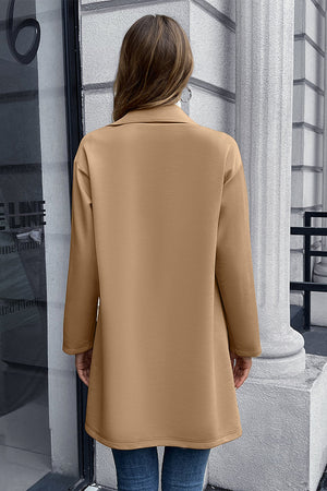 Camel double-breasted soft-drape blazer coat with a relaxed fit and notched lapels.