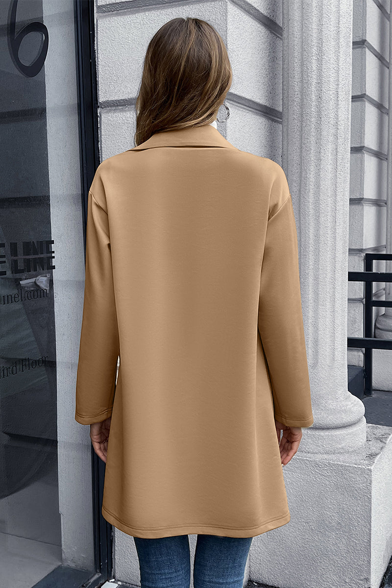 Camel double-breasted soft-drape blazer coat with a relaxed fit and notched lapels.