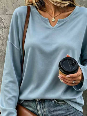 Solid Color Long Sleeve Loose T-Shirt Plus Size in Gray with stretch