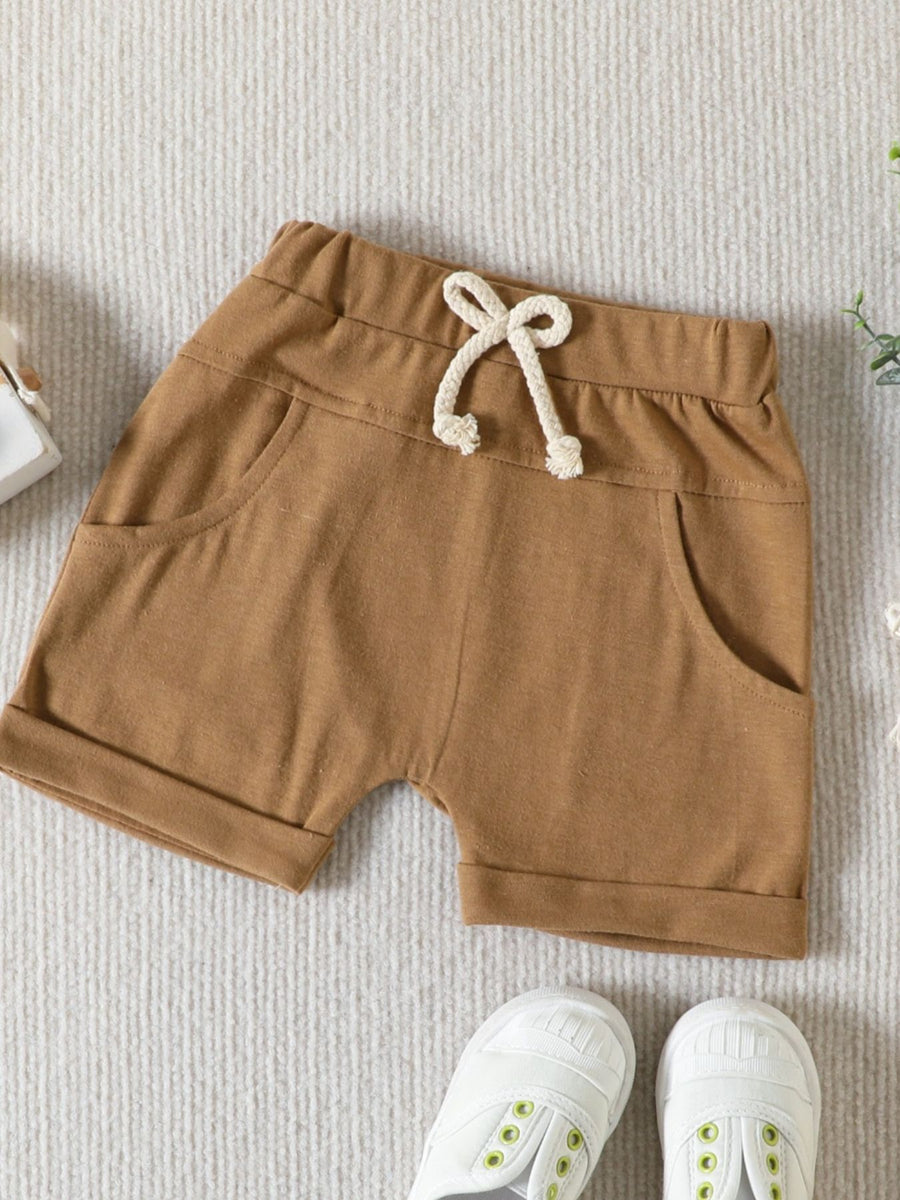Khaki cotton baby shorts with drawstring waist and cuffed hem