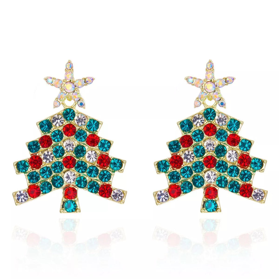 Gold rhinestone Christmas tree earrings with star tops, featuring red, teal, and clear crystals.