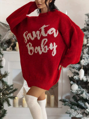 Red oversized sweater dress with white "Santa Baby" graphic, acrylic blend, crew neck, long sleeves